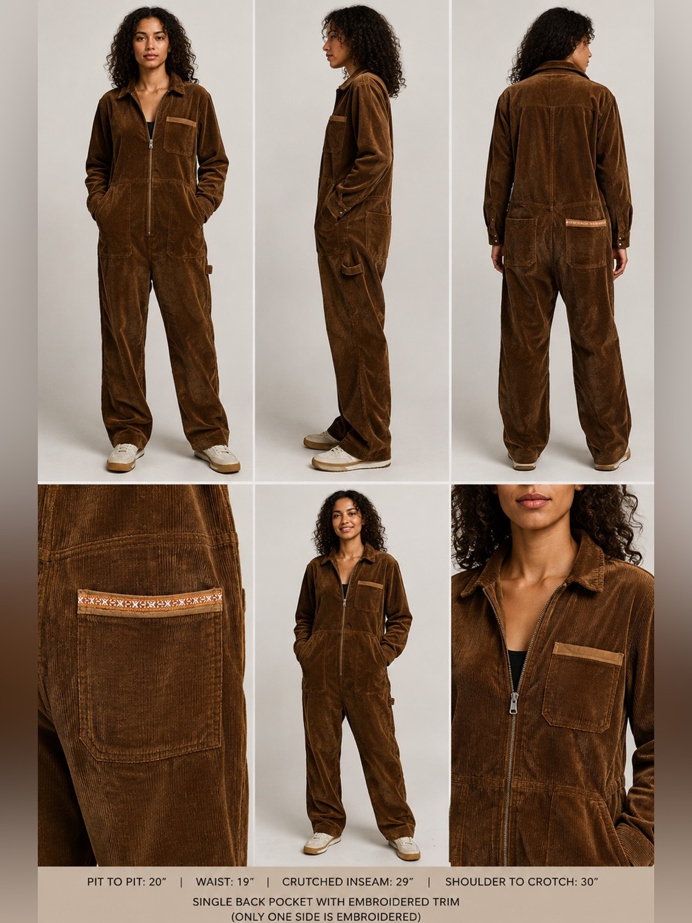 5 Pockets Brown Corduroy Utility Jumpsuit Coveralls M Wide Leg Workwear
